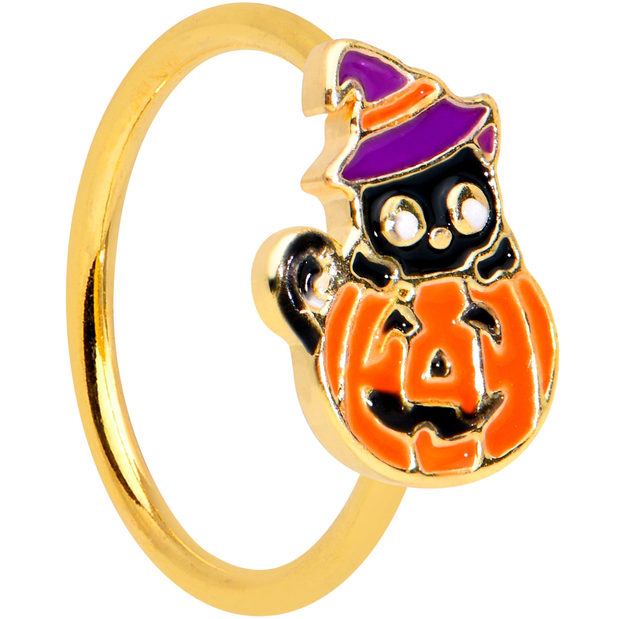 20G 5/16 Gold Tone Pumpkin Black Cat Halloween Nose Hoop