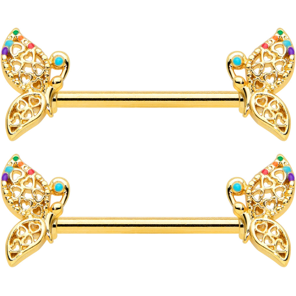 14G 9/16 Clear CZ Gem Gold Tone Heart Butterfly Nipple Ring Set