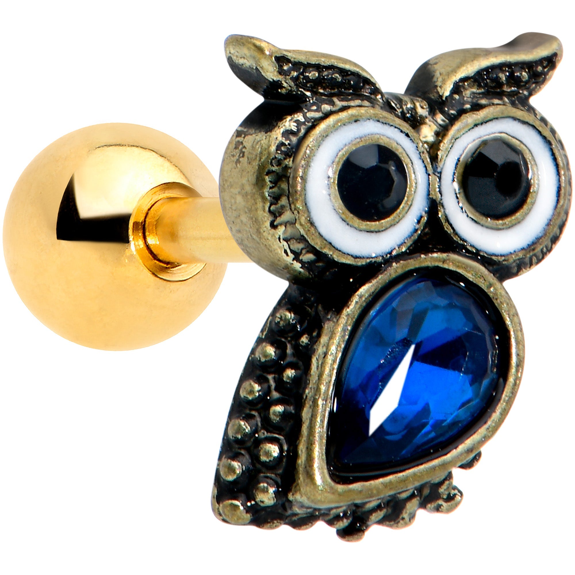 16G 1/4 Blue Gem Gold Tone Wide Eyed Owl Cartilage Tragus Earring