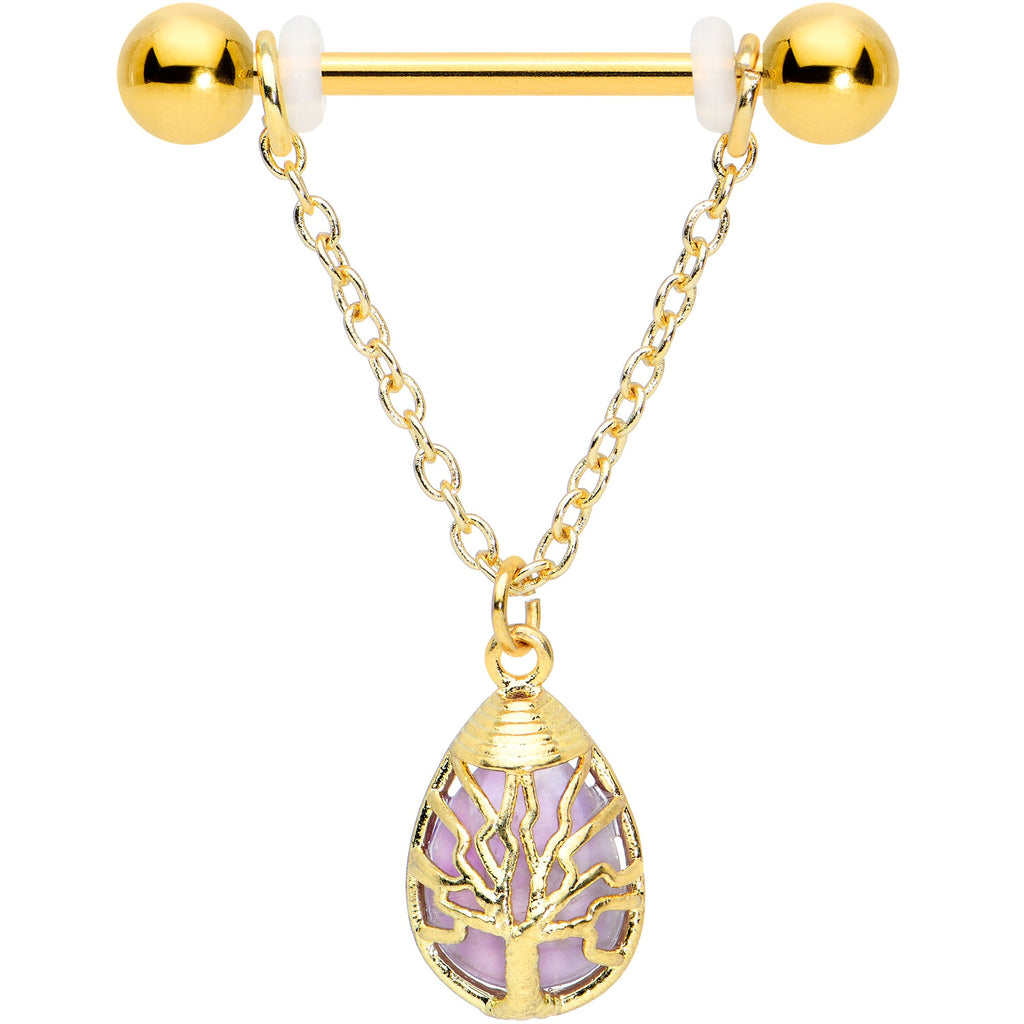 14G 9/16 Amethyst Gold Tone Drop Tree Chain Dangle Nipple Set