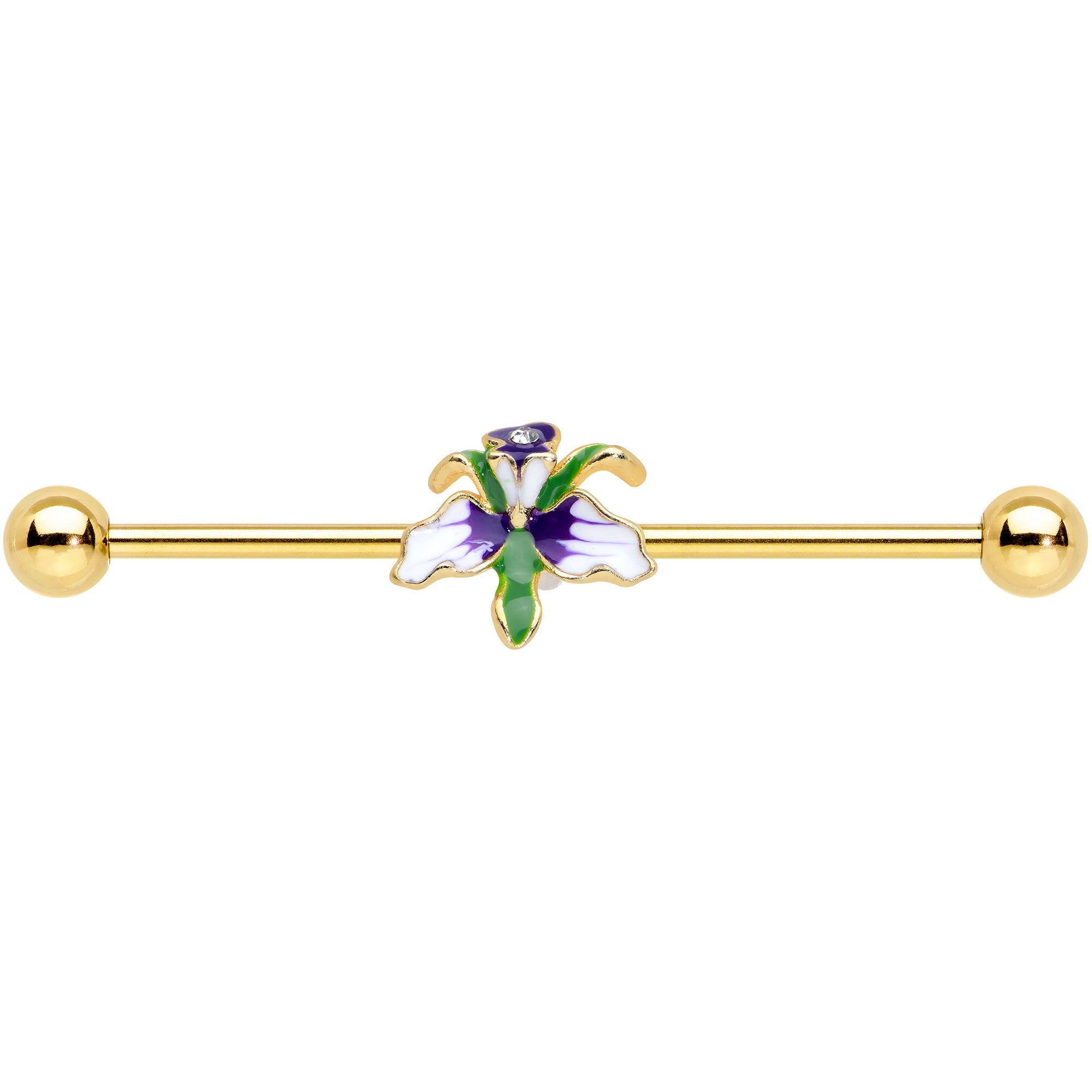 14G Clear Gem Gold Tone Iris Flower Industrial Barbell 38mm