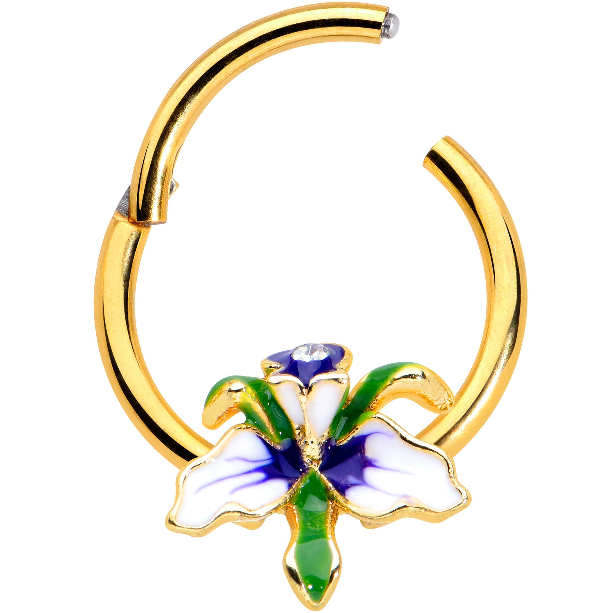 16G 3/8 Clear Gem Gold Tone Iris Flower Hinged Segment Ring