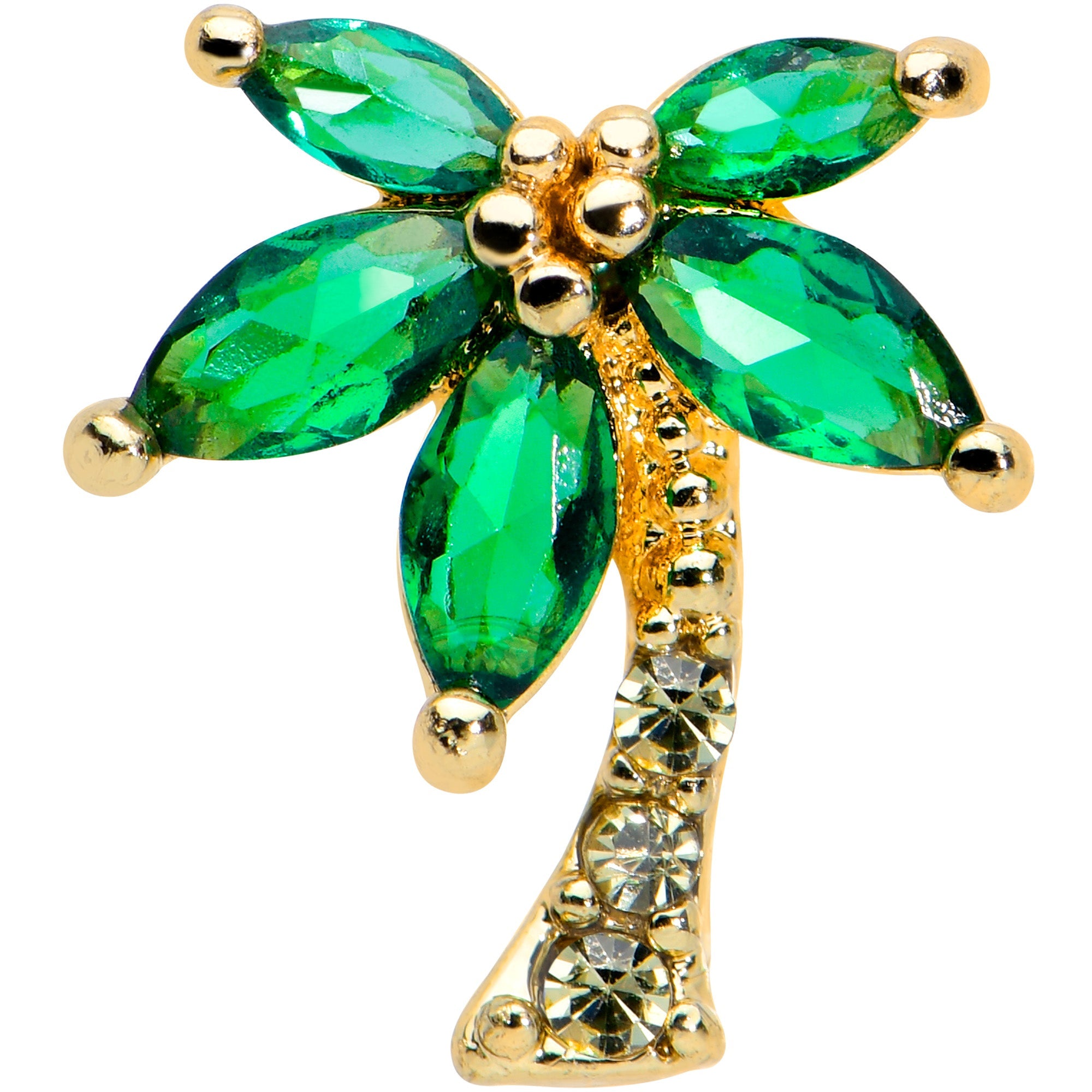 16G 5/16 Clear Green Gem Gold Tone Palm Tree Labret Monroe Tragus