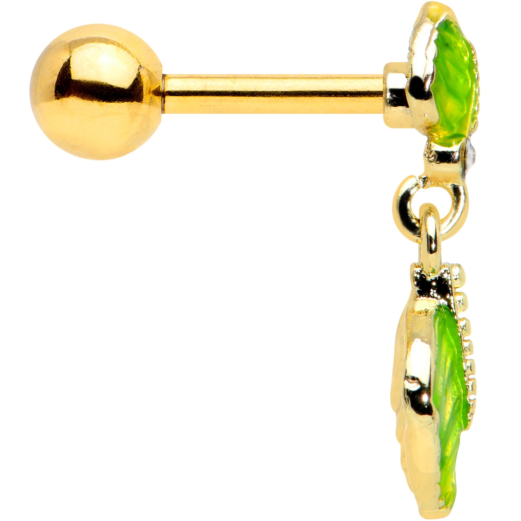 16G 1/4 Clear Gem  Gold Tone Lush Leaves Dangle Cartilage Tragus