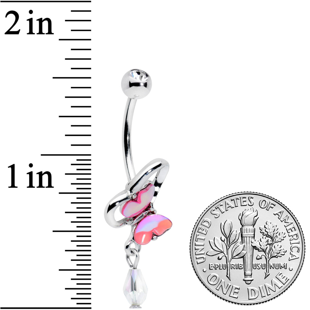 Clear Gem Heart Pink Butterfly Dangle Belly Ring