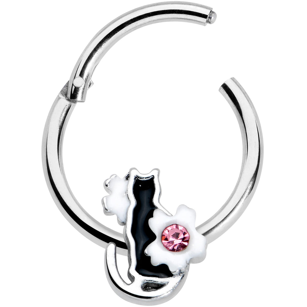 16G 3/8 Pink Gem Black Cat White Flowers Hinged Segment Ring
