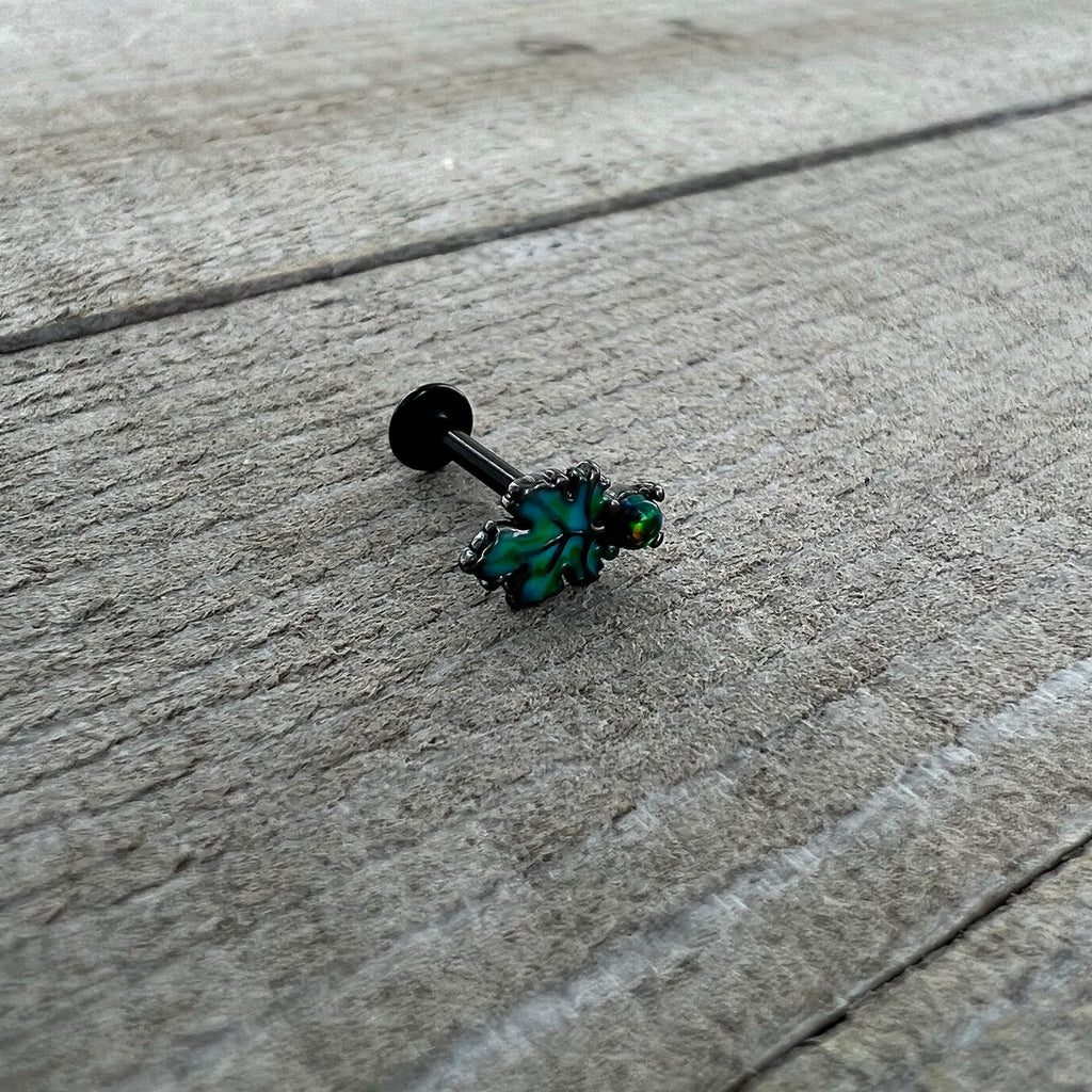 16G 5/16 Green Synthetic Opal Black Fall Leaf Labret Monroe Tragus