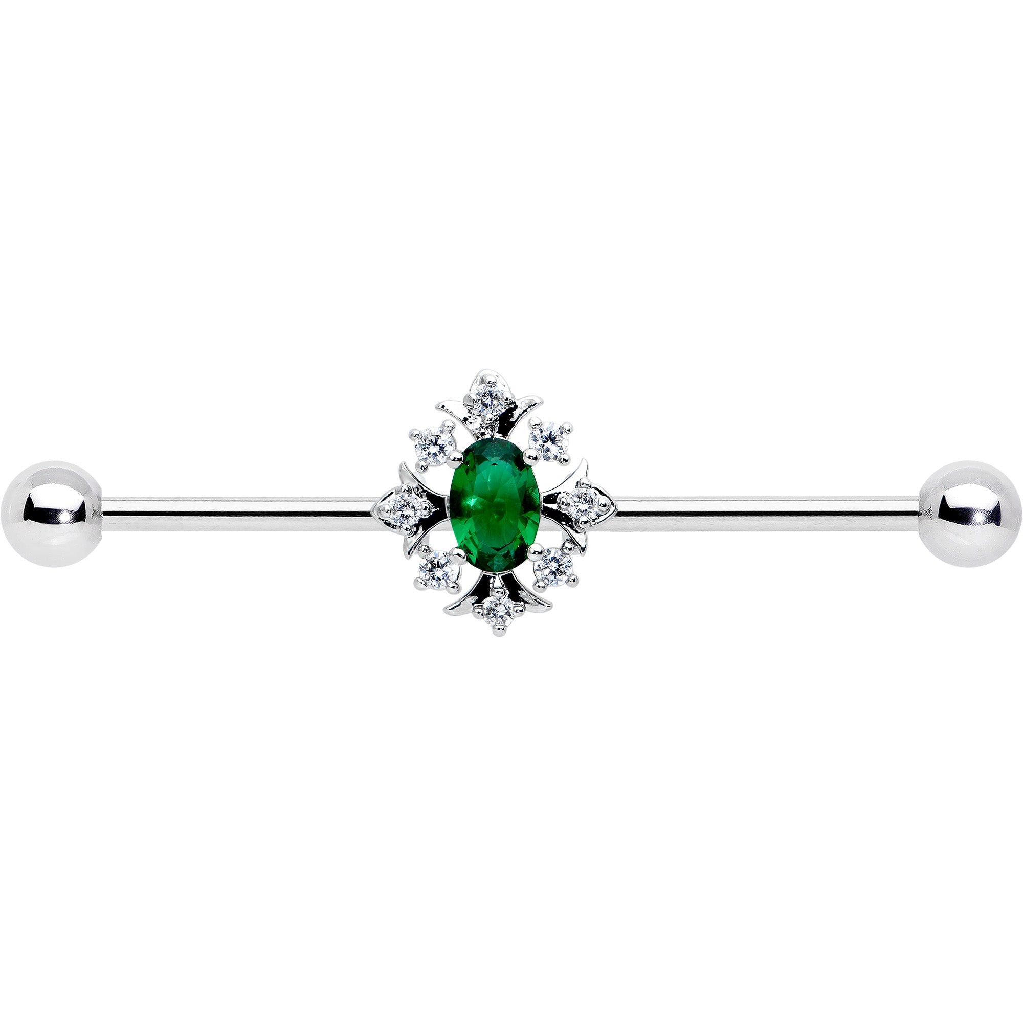 14G Clear Green Gem Ornate Art Deco Industrial Barbell 38mm