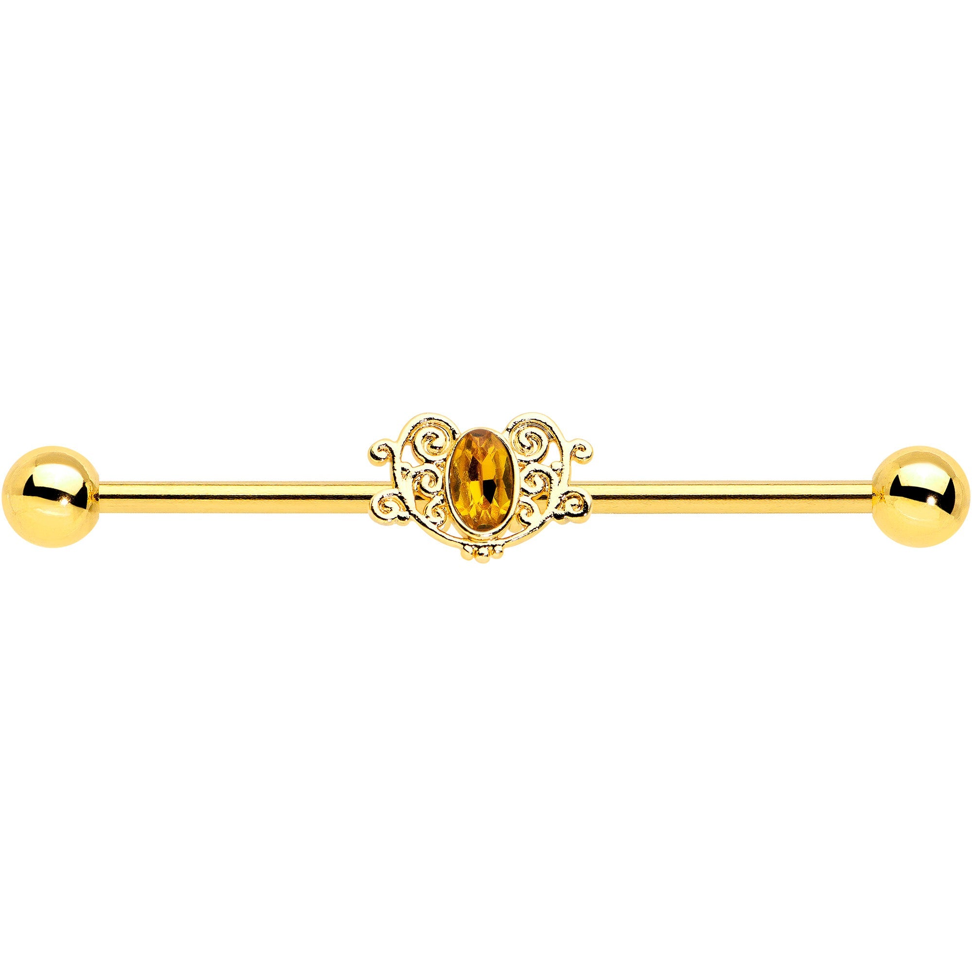 14G Yellow Gem Gold Tone Duet Scroll Industrial Barbell 38mm