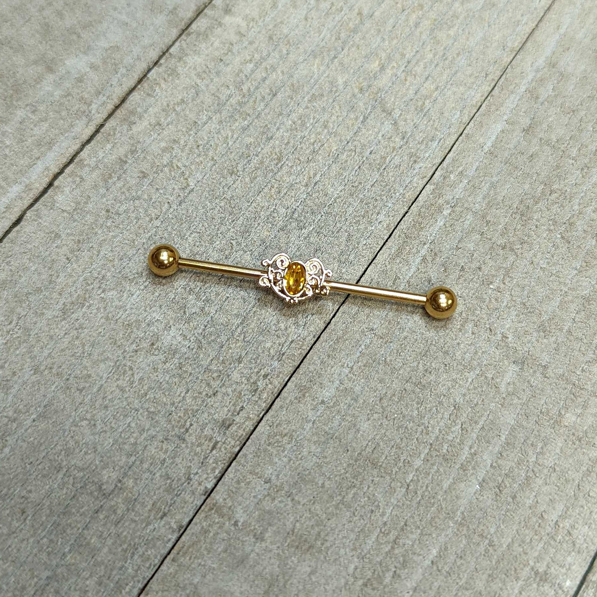 14G Yellow Gem Gold Tone Duet Scroll Industrial Barbell 38mm