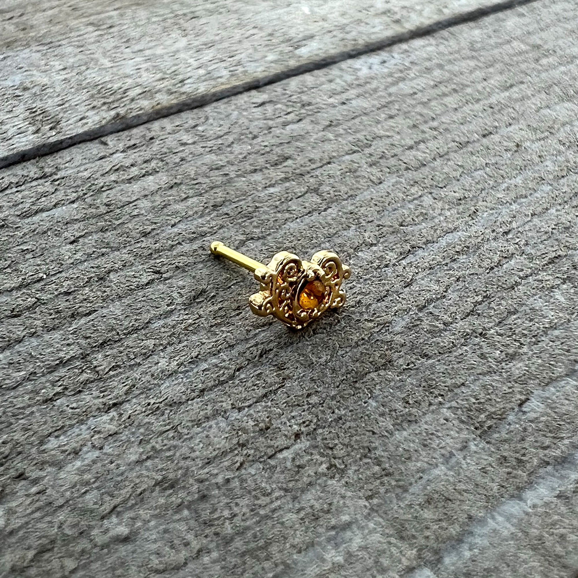20G 1/4 Yellow Gem Gold Tone Duet Scroll Nose Bone