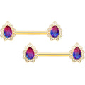 14G 9/16 Purple Tourmaline Gold Tone Drop Barbell Nipple Ring Set