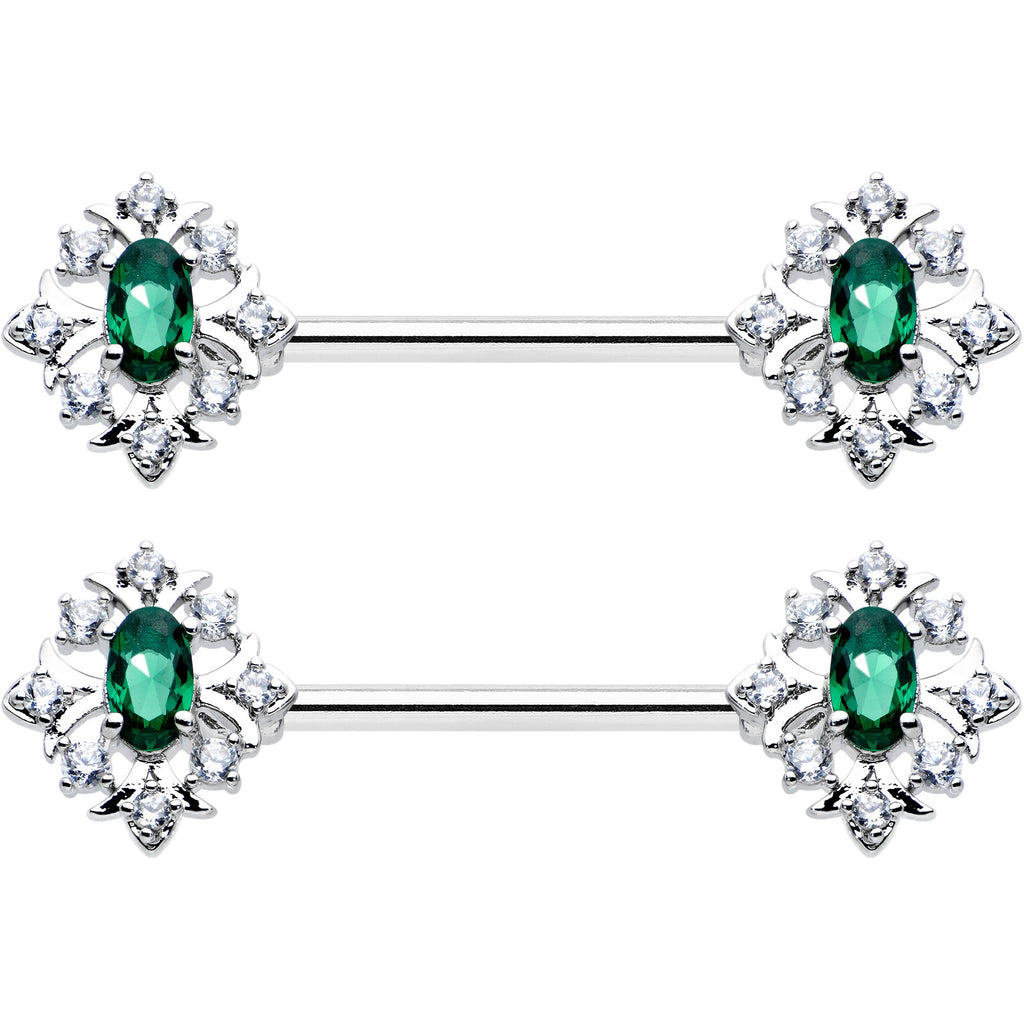 14G 9/16 Clear Green Gem Ornate Art Deco Barbell Nipple Ring Set