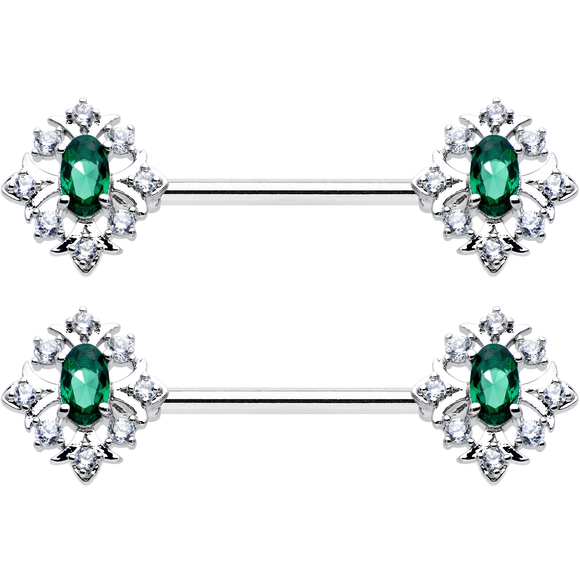 14G 9/16 Clear Green Gem Ornate Art Deco Barbell Nipple Ring Set