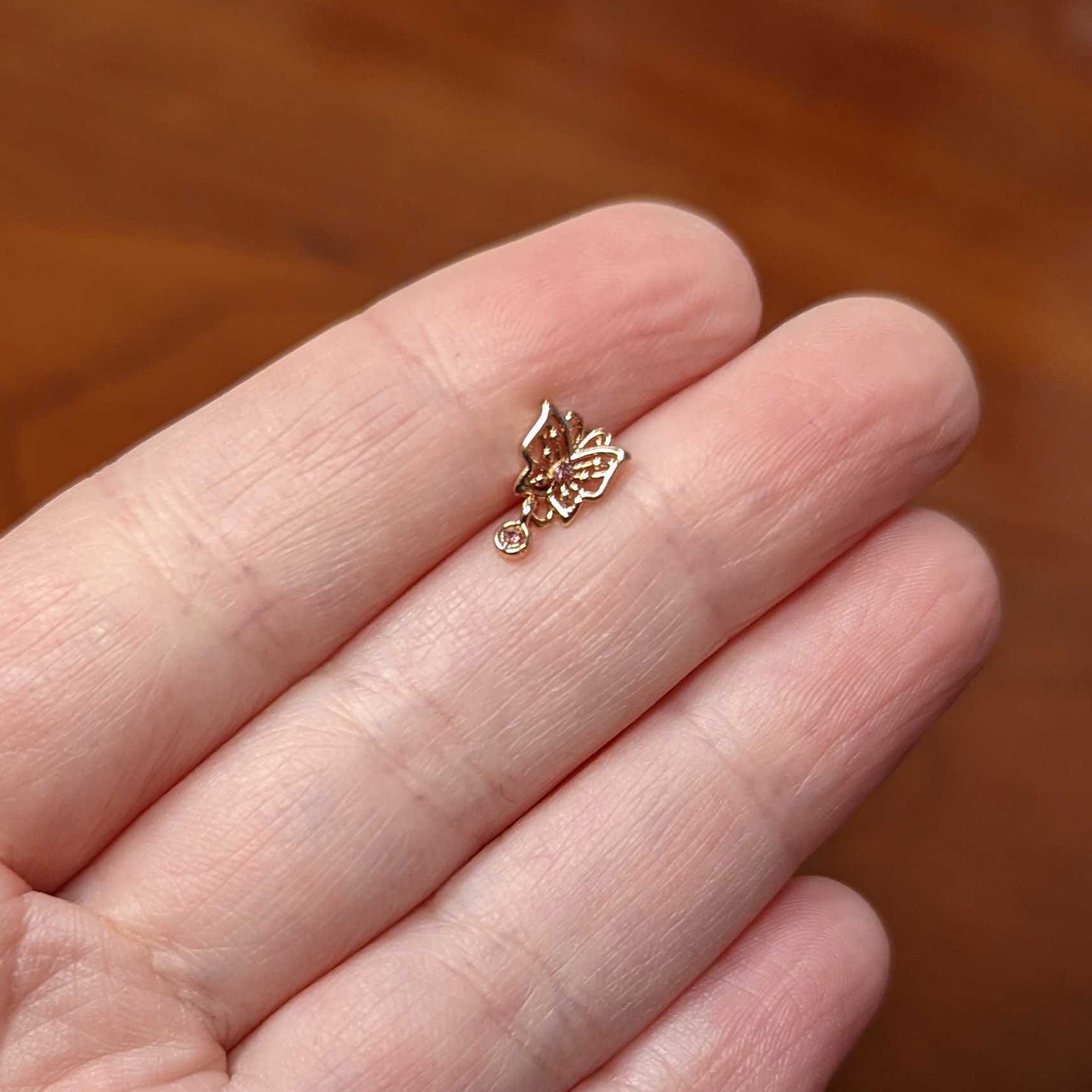 16G 1/4 Pink CZ Gem Rose Gold Tone Butterfly Cartilage Tragus