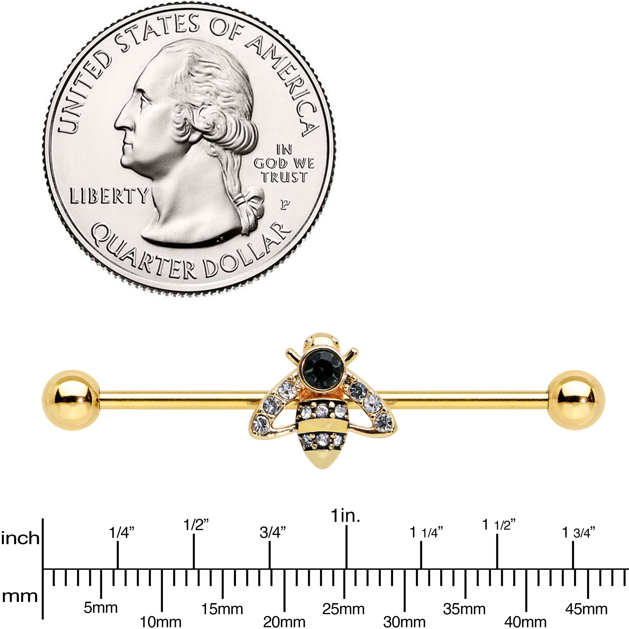 14G Clear Black Gem Gold Tone Angular Bee Industrial Barbell 38mm