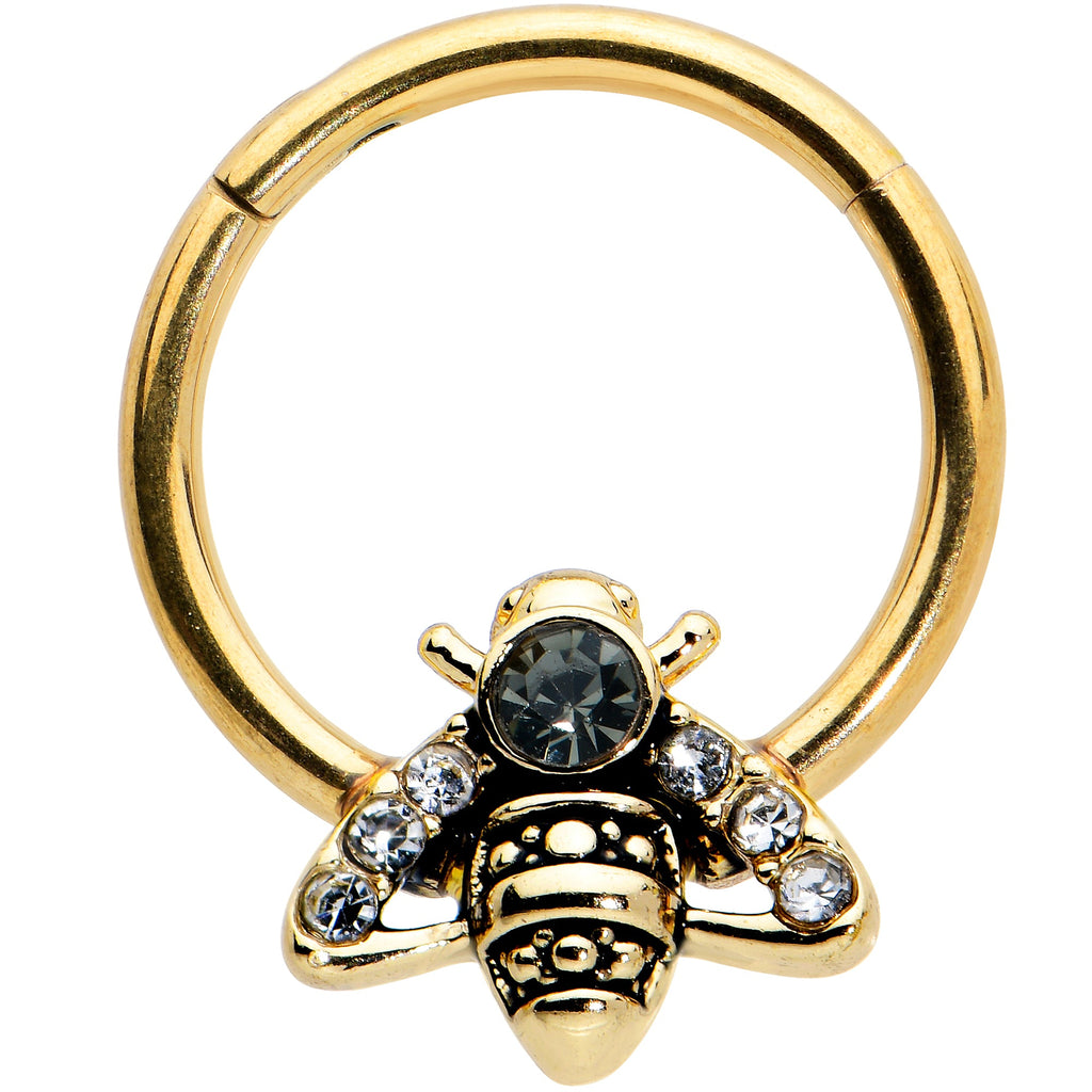 16G 3/8 Black Gem Gold Tone Angular Bee Hinged Segment Ring
