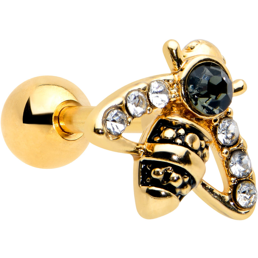 16G 1/4 Clear Black Gem Gold Tone Angular Bee Cartilage Tragus
