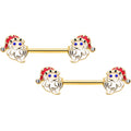 14G 9/16 Clear Gem Gold Hue Happy Santa Christmas Nipple Ring Set