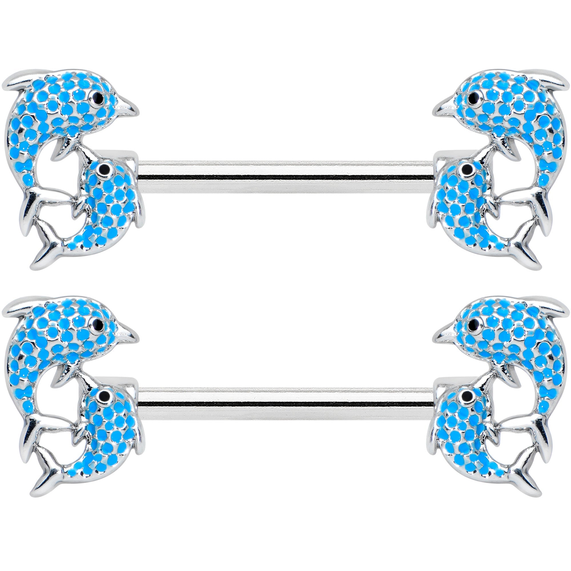 14G 9/16 Black Blue Gem Leaping Dolphin Barbell Nipple Ring Set