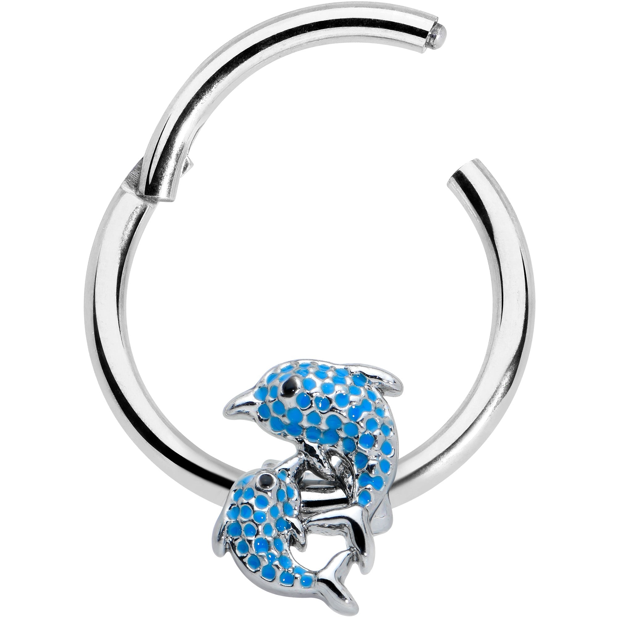 16G 3/8 Black Gem Blue Leaping Dolphins Hinged Segment Ring