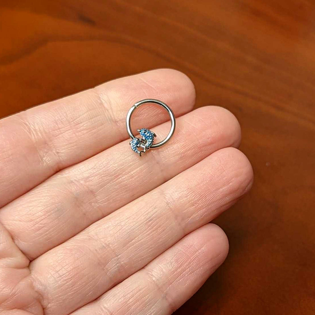 16G 3/8 Black Gem Blue Leaping Dolphins Hinged Segment Ring