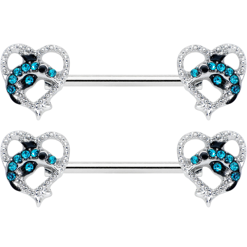 14G 9/16 Clear Blue Gem Dolphin Heart Barbell Nipple Ring Set