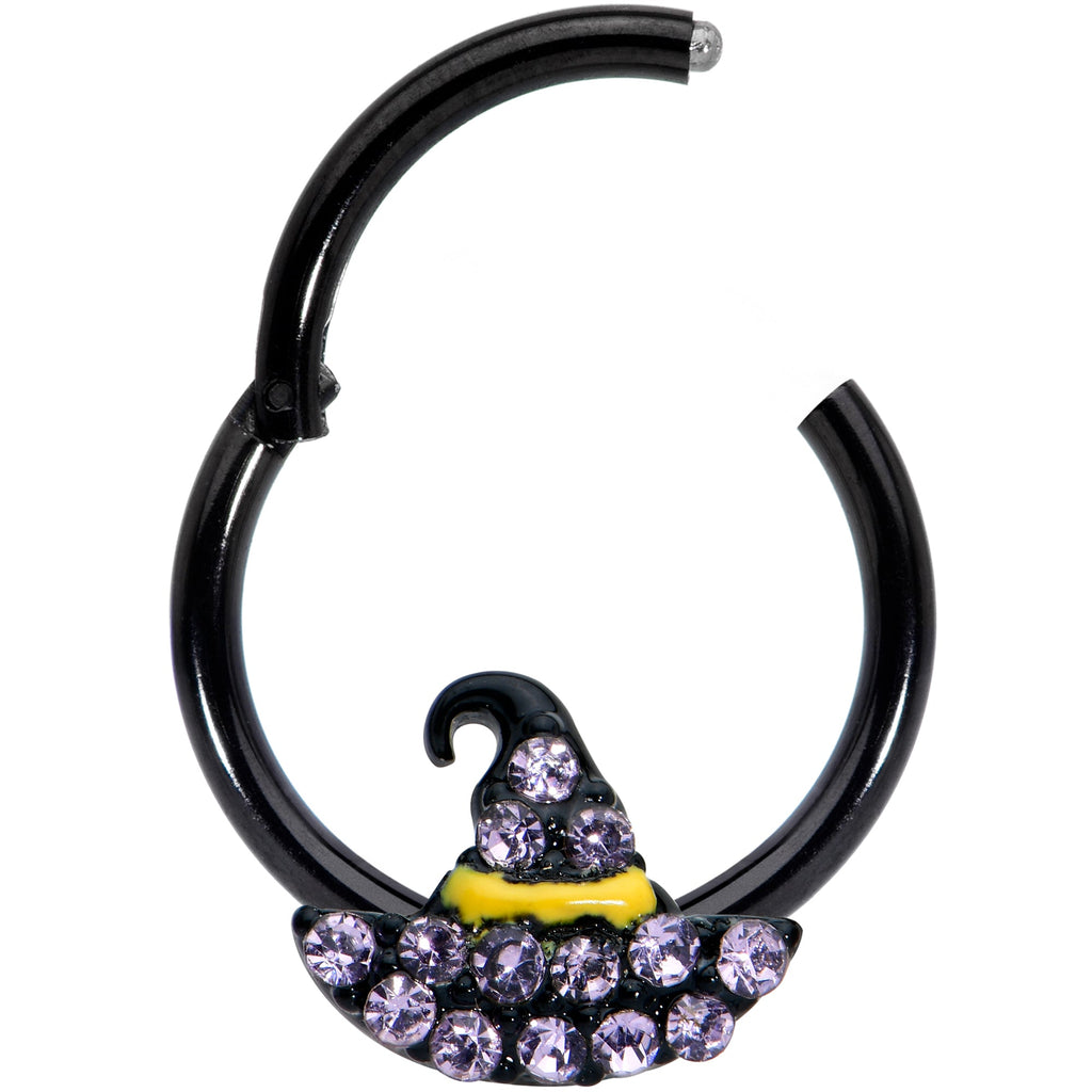 16G 3/8 Clear Gem Black Witch Hat Halloween Hinged Segment Ring