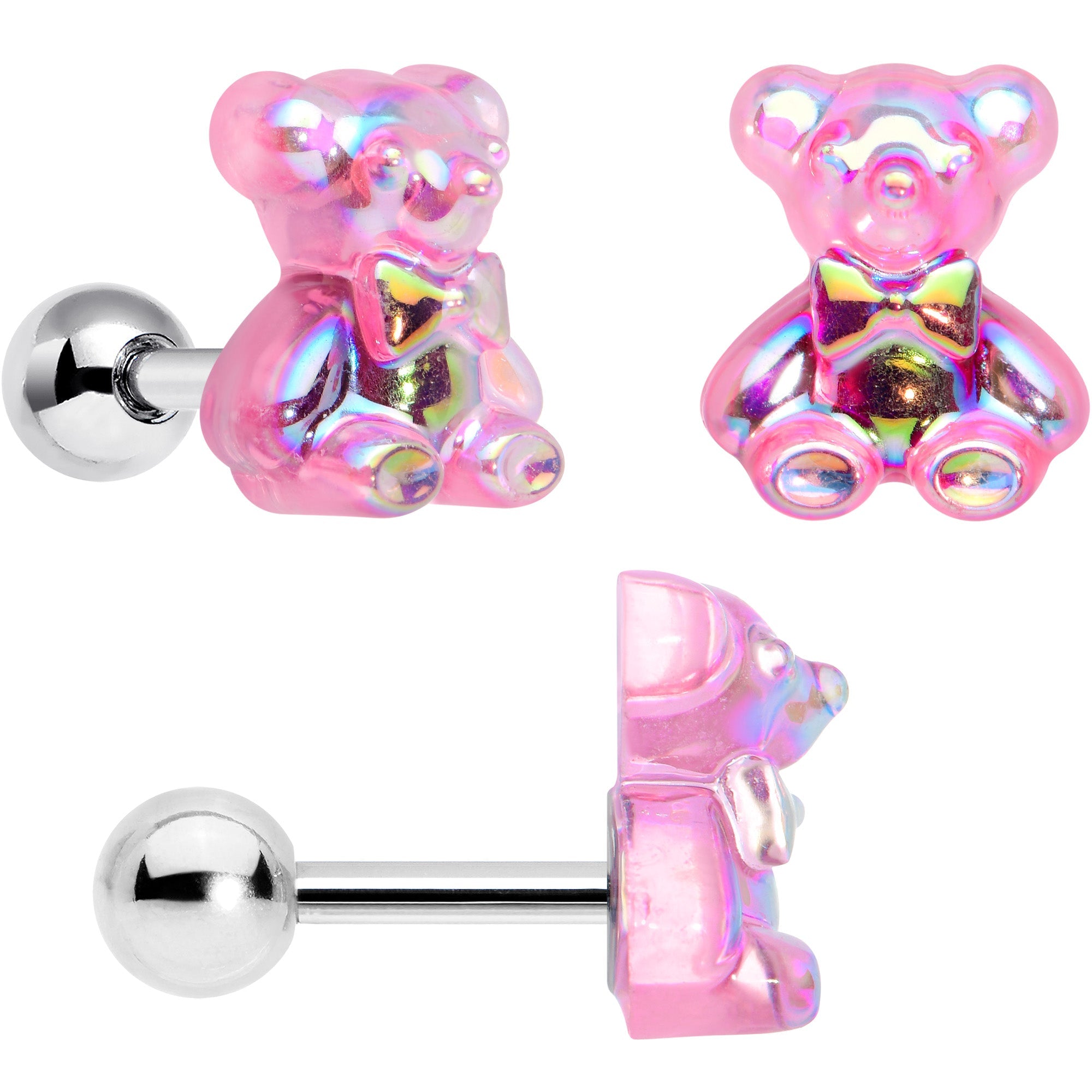 16G 1/4 Bear Pearlescent Pink Paw Cartilage Earring Curation Set of 3