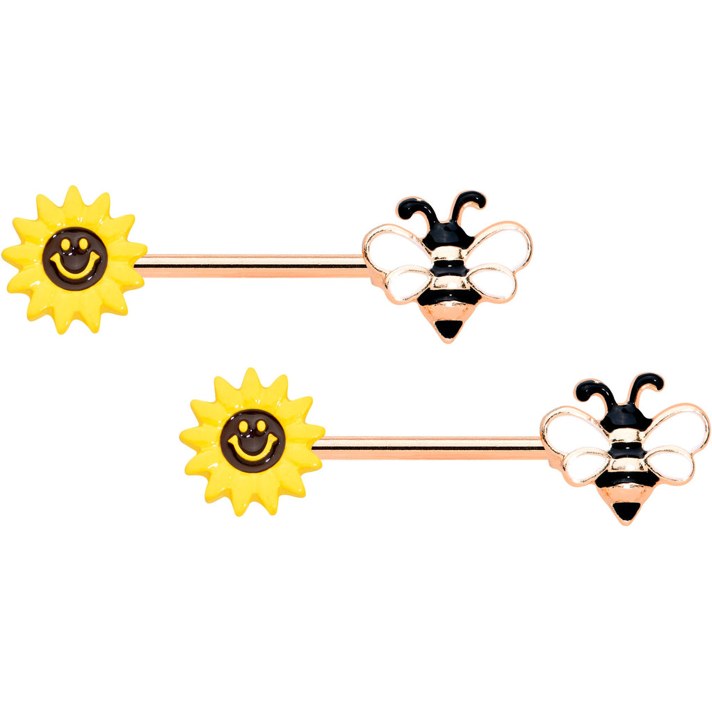 14G 9/16 Rose Gold Hue Bee Smiley Sunflower Nipple Ring Set