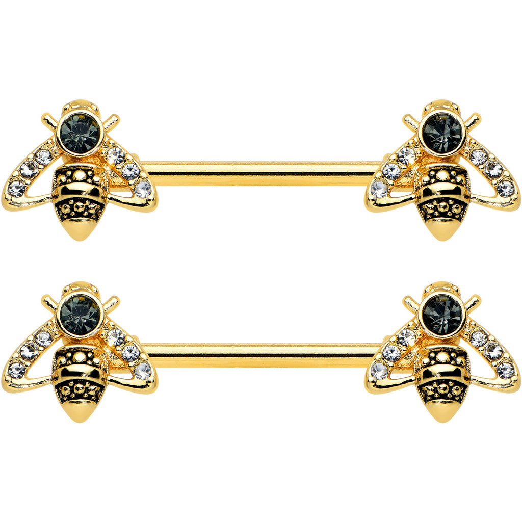 14G 9/16 Clear Black Gem Gold Tone Angular Bee Nipple Ring Set