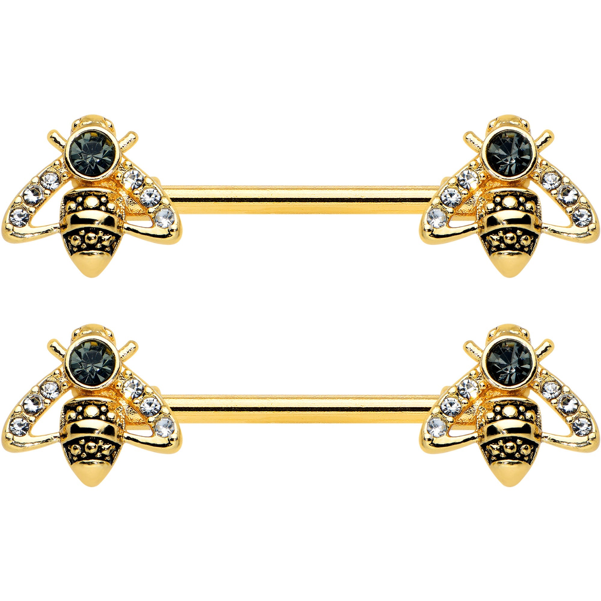 14G 9/16 Clear Black Gem Gold Tone Angular Bee Nipple Ring Set