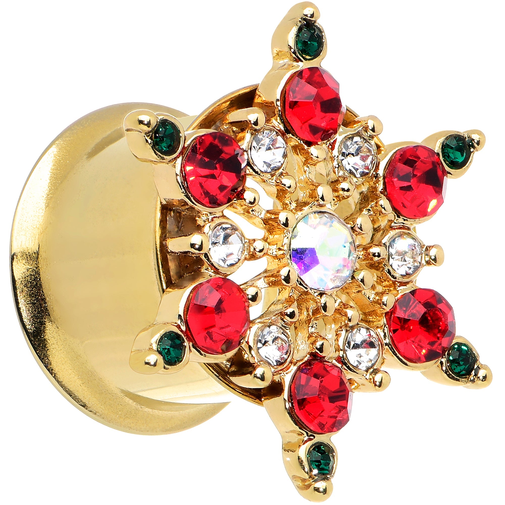 Red Green Gem Gold Tone Bright Christmas Double Flare Plug Set