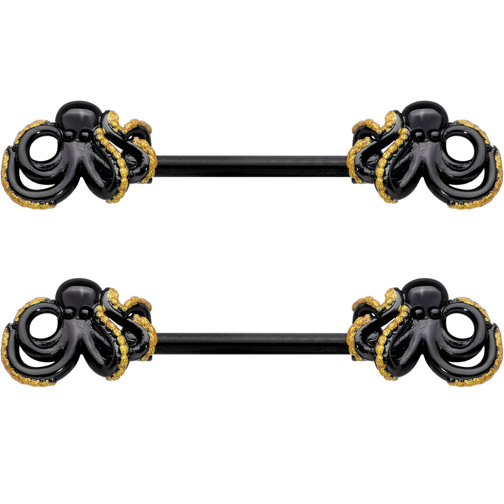 14G 9/16 Black Understated Octopus Barbell Nipple Ring Set