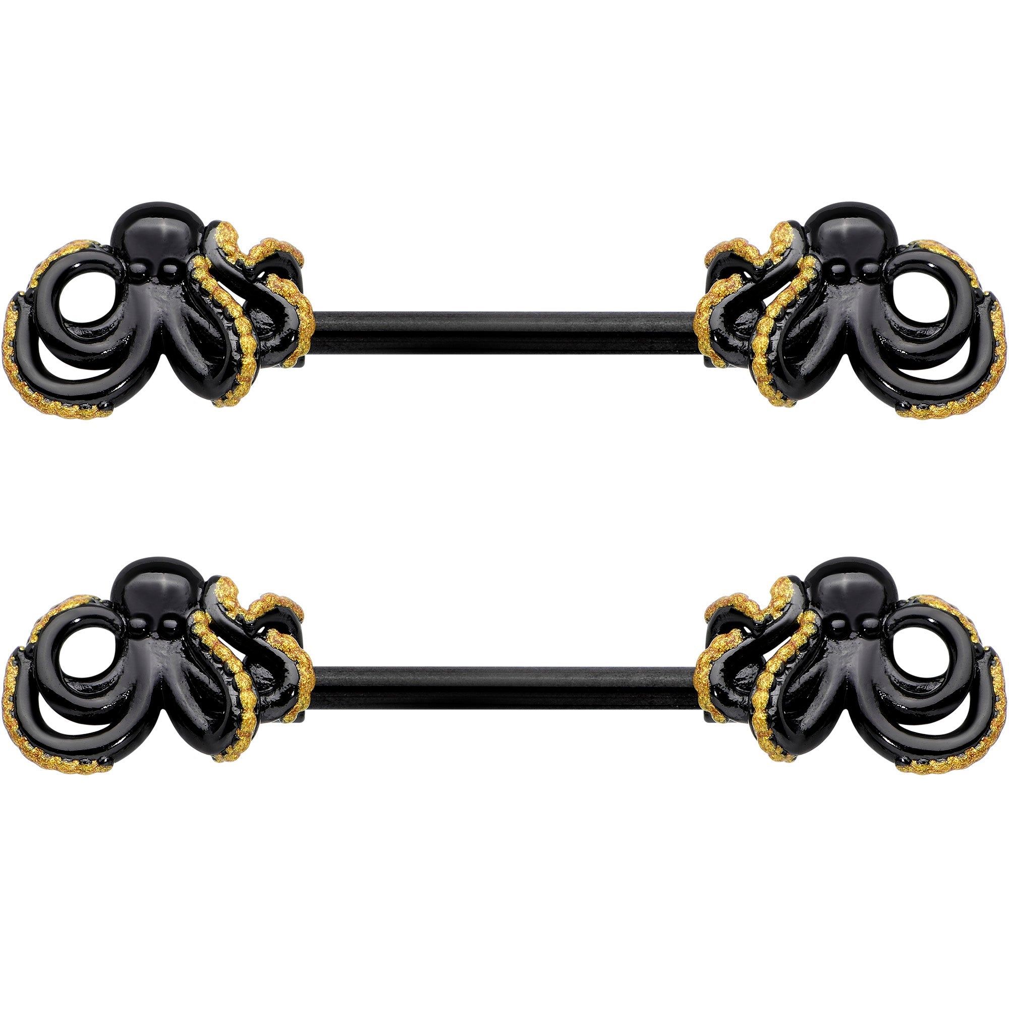 14G 9/16 Black Understated Octopus Barbell Nipple Ring Set