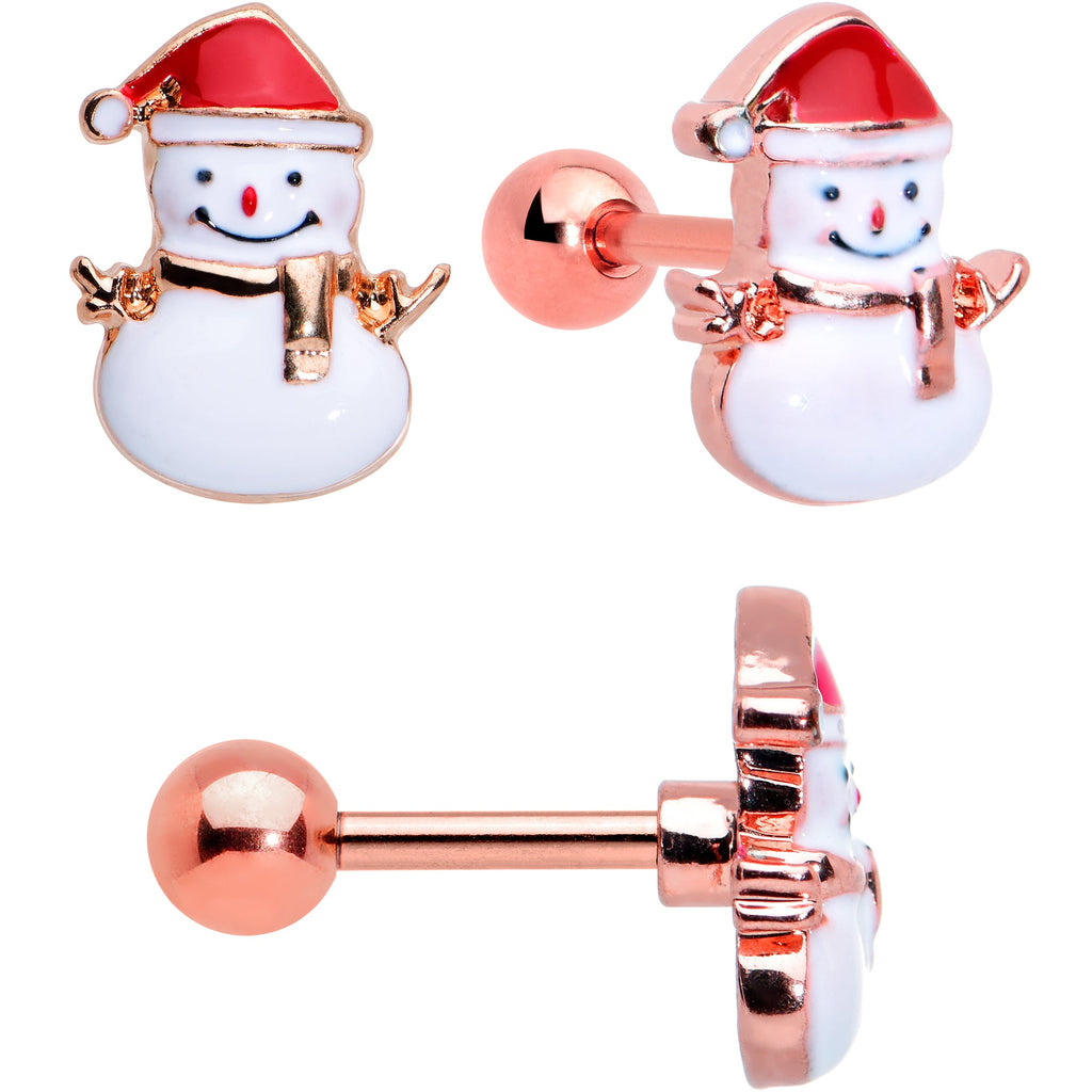 16G 1/4 Red Gem Rose Gold Tone Snowman Christmas Tragus Set of 3