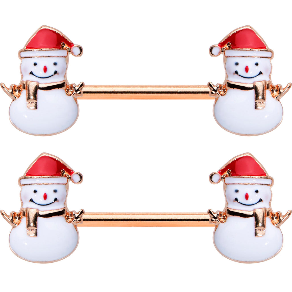 14G 9/16 Rose Gold Tone Smiling Snowman Christmas Nipple Ring Set