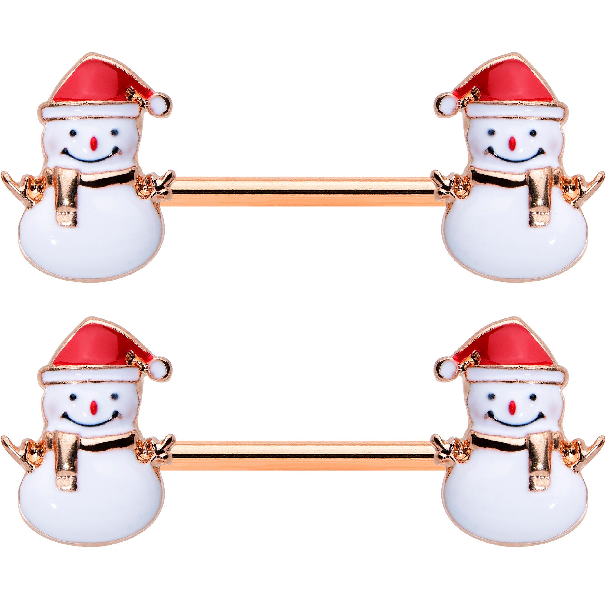 14G 9/16 Rose Gold Tone Smiling Snowman Christmas Nipple Ring Set