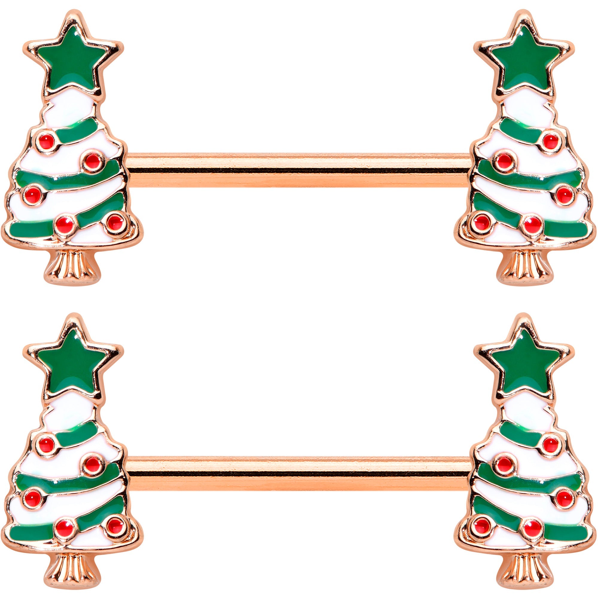 14G 9/16 Red Gem Rose Gold Tone Christmas Tree Nipple Ring Set