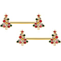 14G 9/16 Red Gem Gold Tone Christmas Tree Nipple Ring Set