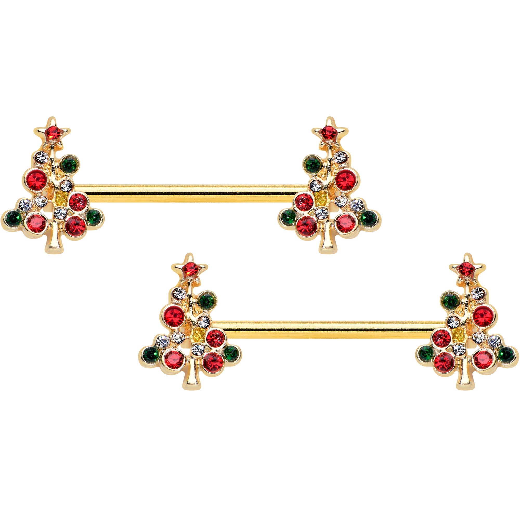 14G 9/16 Red Gem Gold Tone Christmas Tree Nipple Ring Set