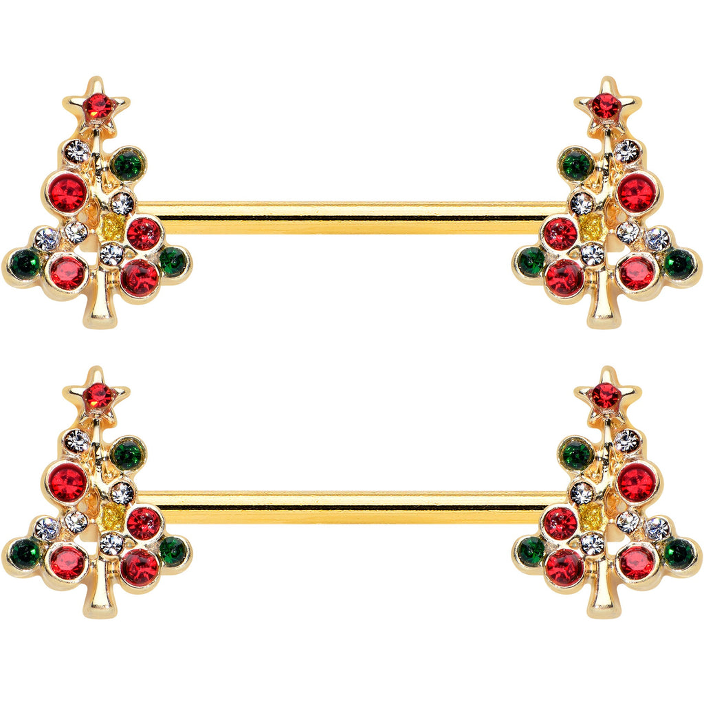 14G 9/16 Red Gem Gold Tone Christmas Tree Nipple Ring Set