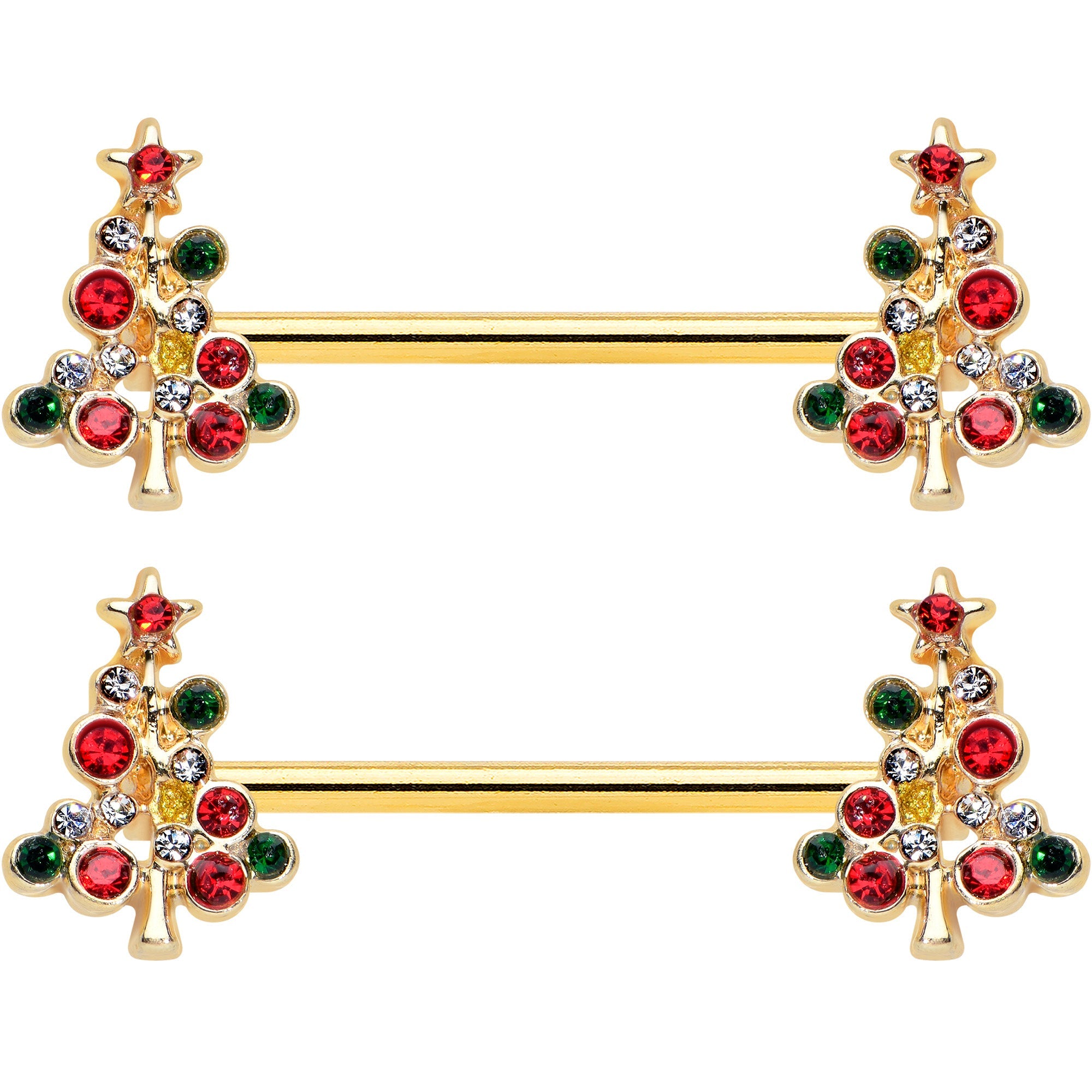 14G 9/16 Red Gem Gold Tone Christmas Tree Nipple Ring Set