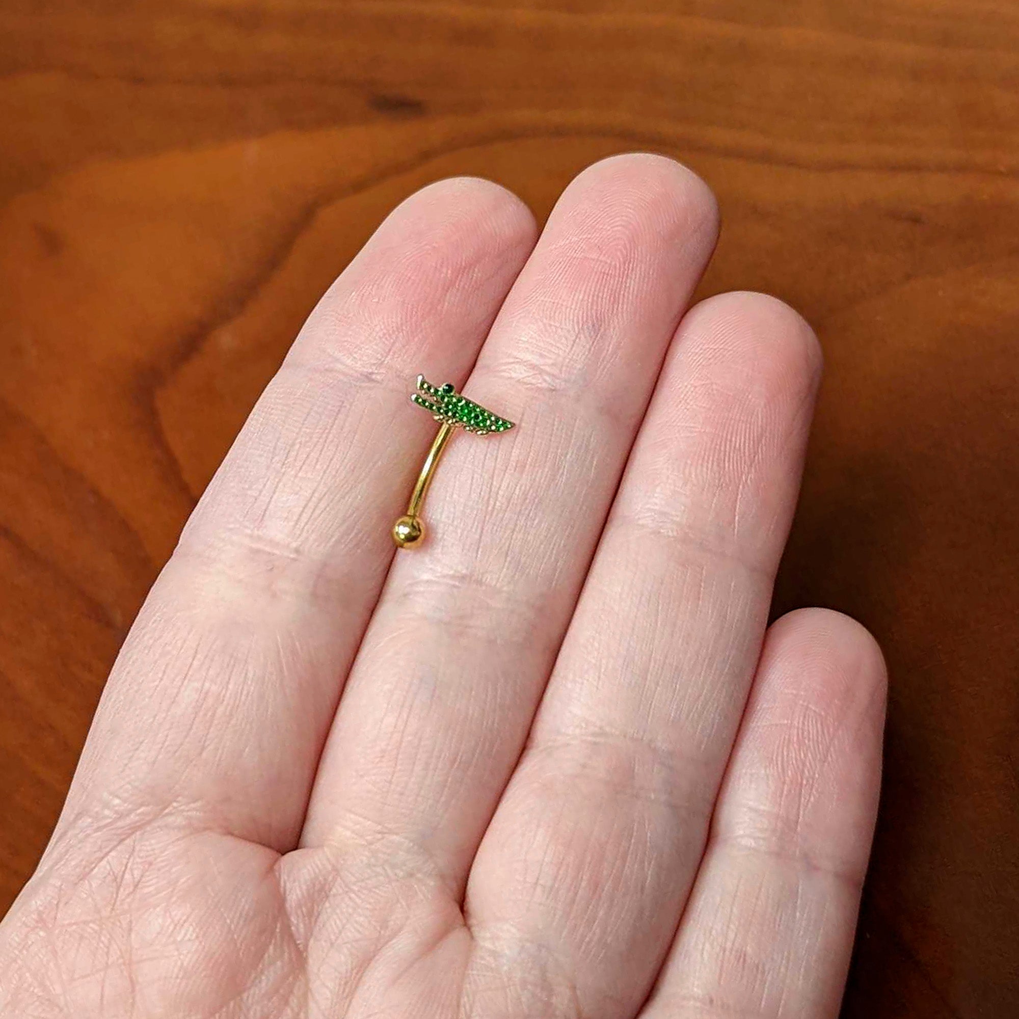 16G 5/16 Green Gem Gold Tone Hungry Alligator Curved Eyebrow Ring