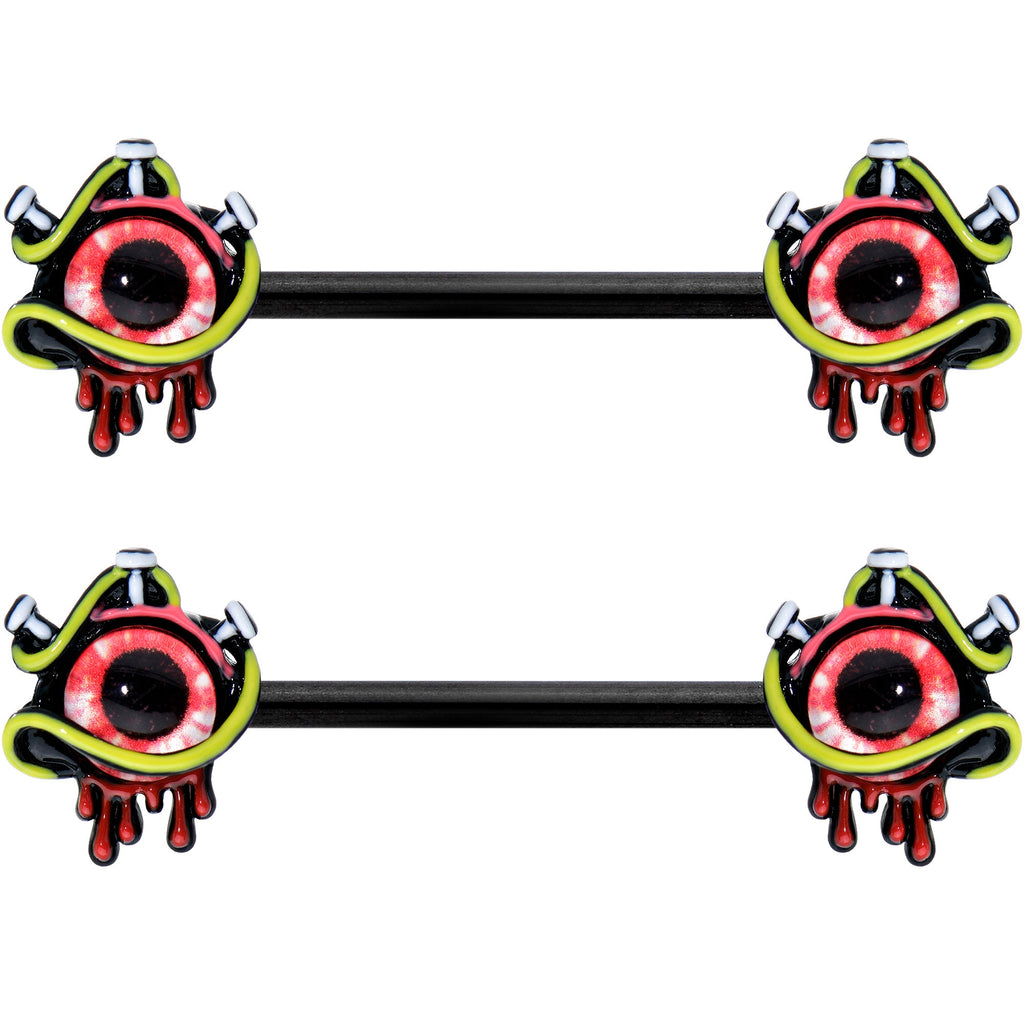 14G 9/16 Black Spiky Eyeball Halloween Barbell Nipple Ring Set