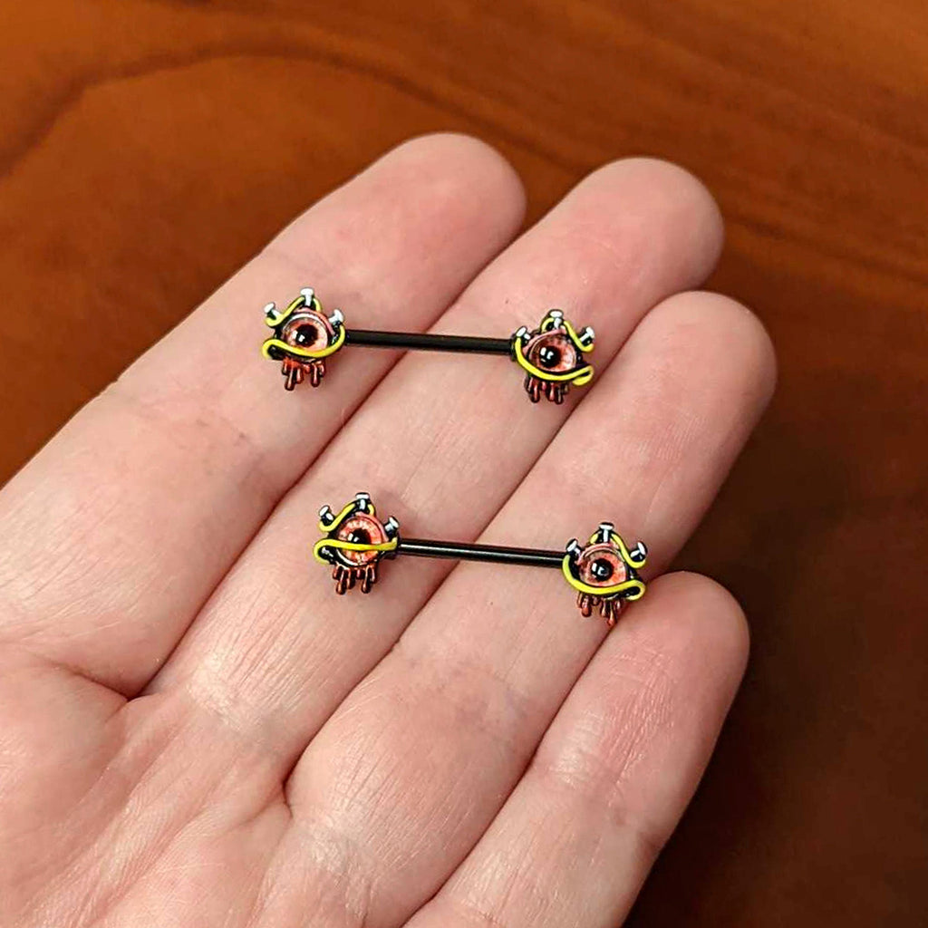 14G 9/16 Black Spiky Eyeball Halloween Barbell Nipple Ring Set