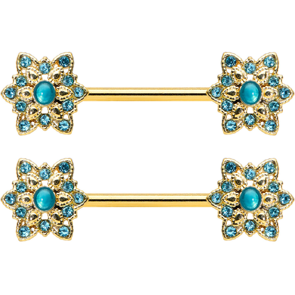 14G 9/16 Aqua Gem Gold Tone Snowflake Christmas Nipple Ring Set