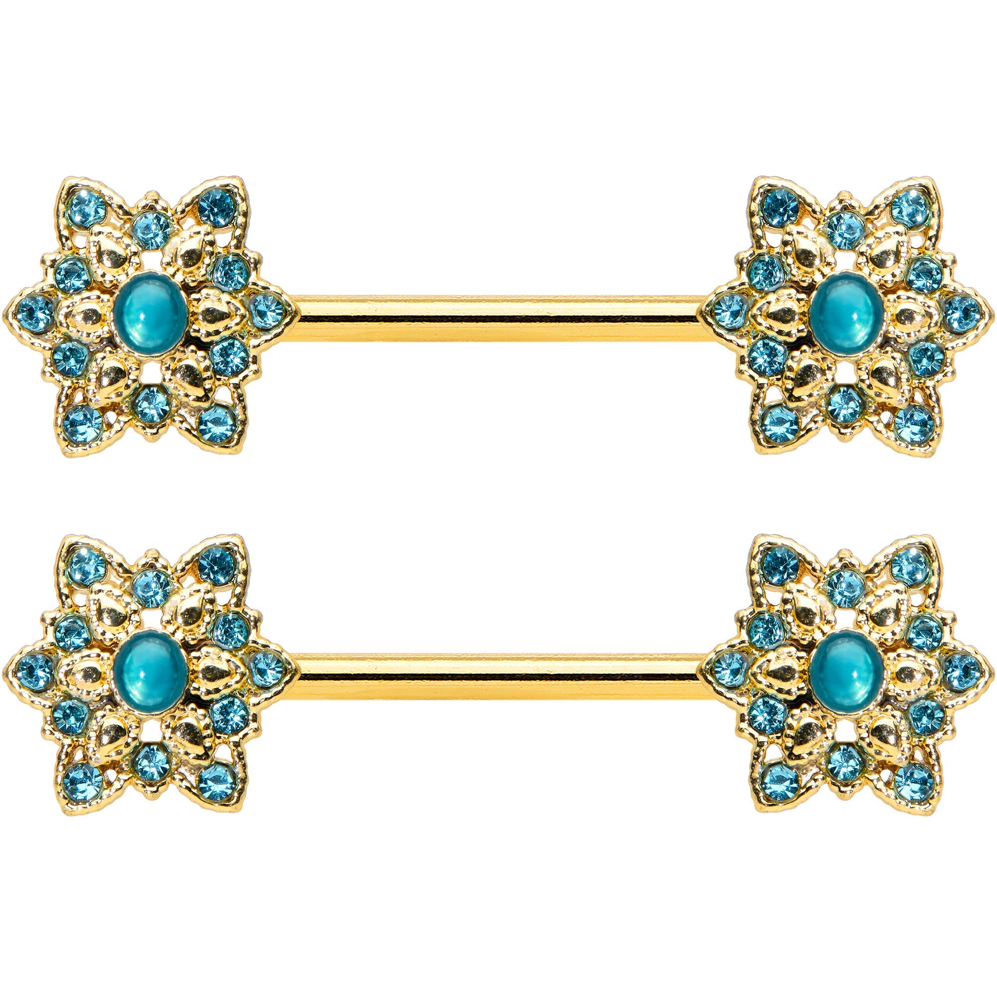 14G 9/16 Aqua Gem Gold Tone Snowflake Christmas Nipple Ring Set