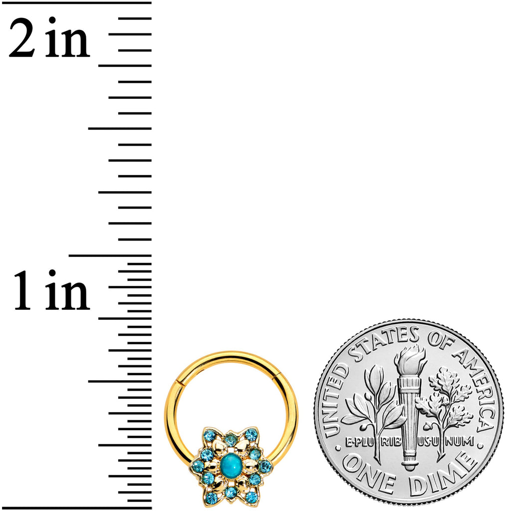 16G 3/8 Aqua Gem Gold Tone Snowflake Christmas Hinged Segment Ring