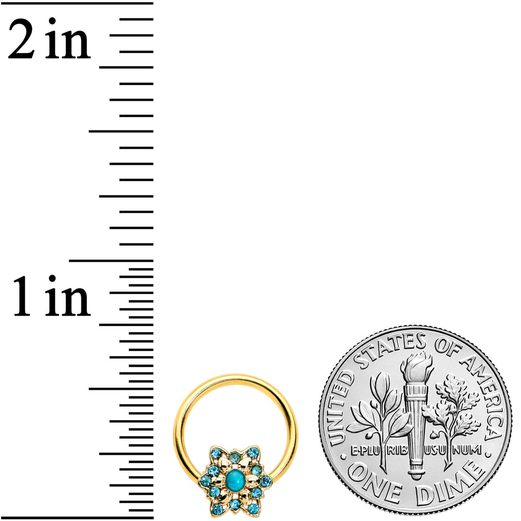 16G 3/8 Aqua Gem Gold Tone Snowflake Christmas BCR Captive Ring